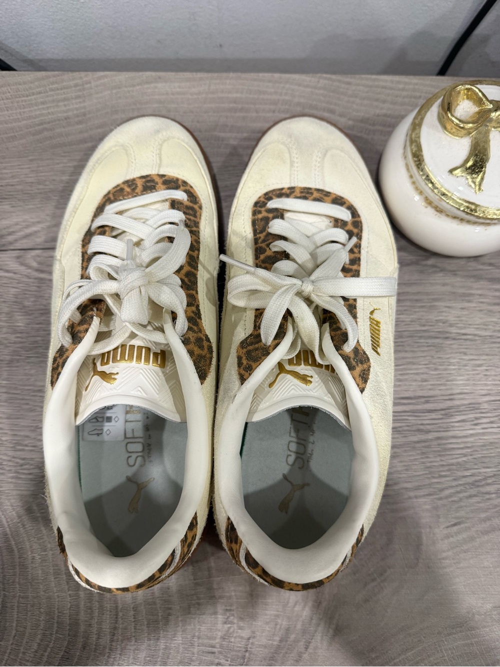 Puma Cream Suede Sneakers with Leopard Trim and Gum Sole - Picture 2 of 5